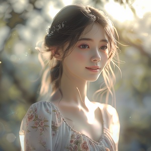 A cheerful and sweet woman, with a lovely oval face, a sunny aura, a smile, wearing a floral dress, bright sunlight, vivid light and shadow, delicate appearance, high-quality CG, movie-level picture quality, warm atmosphere, beautiful. Confidently looking towards the future, long hair, black eyes, expressive eyes, delicate nose, rosy lips, charming smile, front view, full-body portrait, high-quality CG, 8K resolution, clear and clean background.