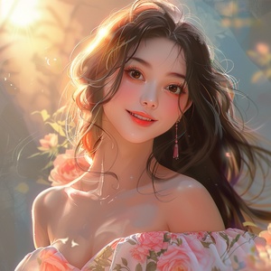 A cheerful and sweet woman, with a lovely oval face, a sunny aura, a smile, wearing a floral dress, bright sunlight, vivid light and shadow, delicate appearance, high-quality CG, movie-level picture quality, warm atmosphere, beautiful. Confidently looking towards the future, long hair, black eyes, expressive eyes, delicate nose, rosy lips, charming smile, front view, full-body portrait, high-quality CG, 8K resolution, clear and clean background.