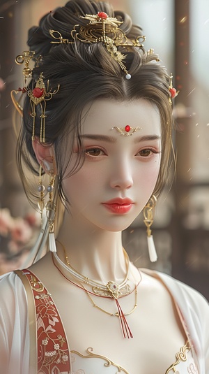 Ancient costume beautiful woman in the style of Chinese style, gold jewelry earrings and necklace with long hair in an updo hairstyle, white dress decorated with red flowers, exquisite facial features, bright eyes, perfect face details, perfect figure, delicate skin texture, red lips, blurred background of a Chinese palace hall, fairyland atmosphere, anime illustration style, high definition photography, super detailed.