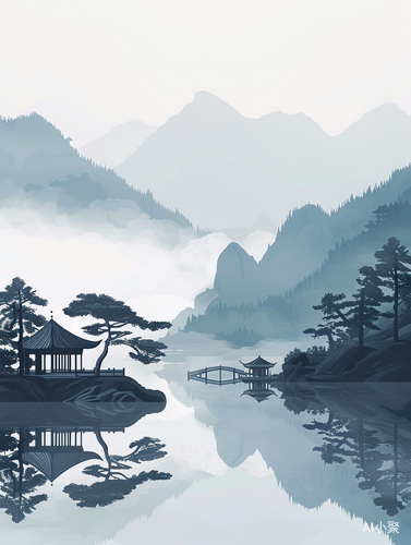 静谐岛屿: 矢量中国山水画