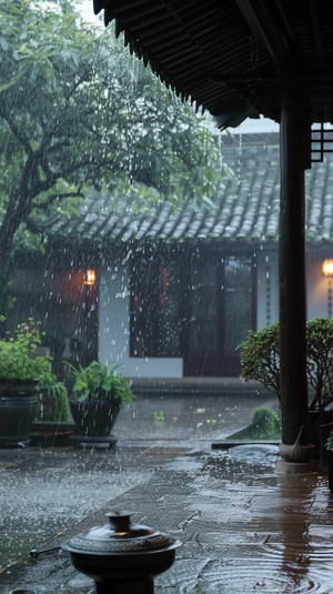 院子被雨轻抚，茶香与雨声交织成诗，醉人心扉