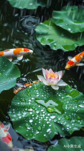 夏季荷叶锦鲤细雨高清生动图