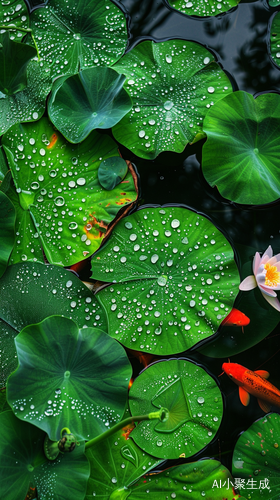 夏季荷叶锦鲤细雨高清生动图