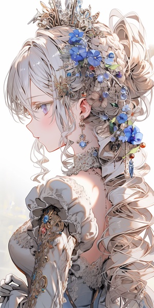 A pretty cute girl, silver hair, glow, style of anime art, Aurora punk, ultra-detailed illustrations,Rococo style art niji5-ar3:4