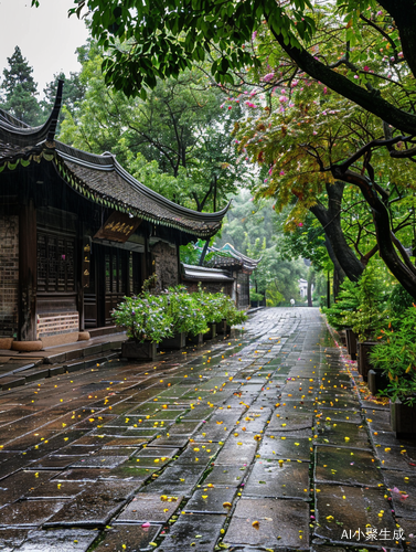 Jiangnan Style House Under Colorful Flower Canopy