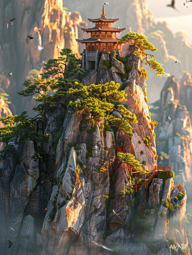 Ancient Temple atop Tall Mountain