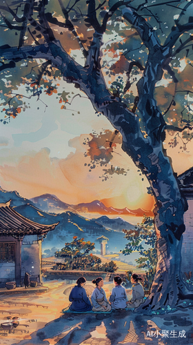 夏日傍晚村庄的宁静时光