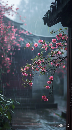 Pink Crabapple Flowers in Ancient Chinese House at Night