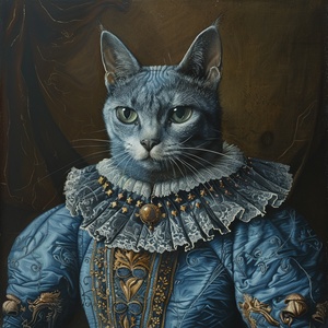 Blue cat, in the style of the Renaissance, in the style of Hans Holbein the Younger, a cat with a human body and a cat head.