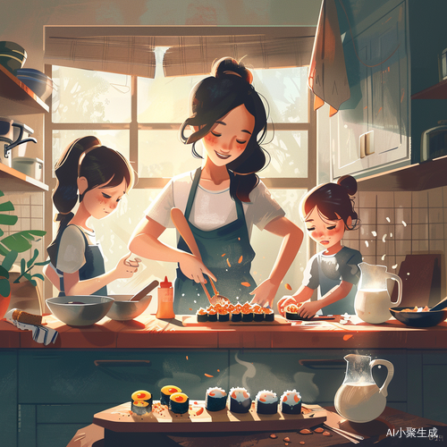 早晨妈妈为孩子们烹饪丰盛早餐