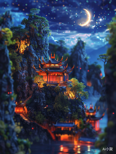 Enchanting Night: Stars, Moonlight, Mountain, Temple