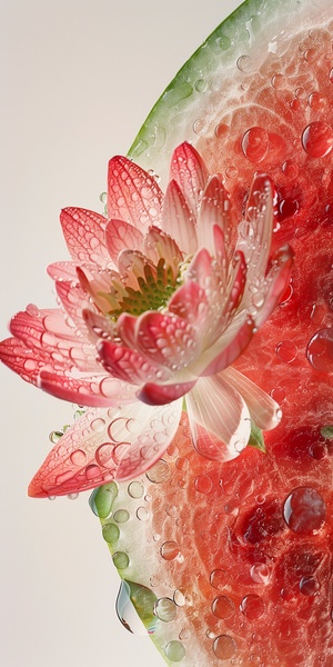 Close-up X-ray, translucence minimalist half watermelon in simple white background full of water drops, Lotus flower and lotus leaf, frosted glass blur covered, multiple exposures, macro photography, soft red, photography by william fang, shot on Hasselblad x2d sref s.mj.runrkN2GQIULp0 personalize qwmtejw stylize 600 v 6.0 ar 1:2