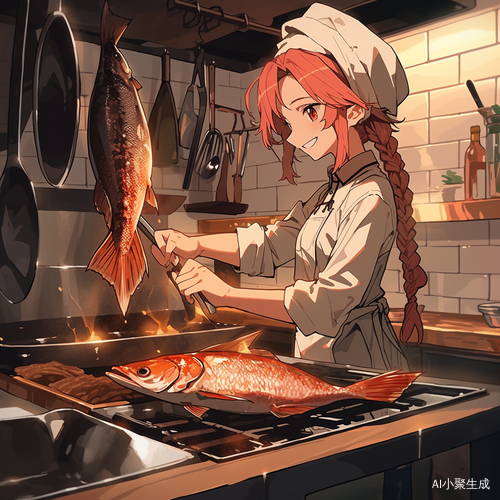 红发女厨师烹饪鱼后厨特写