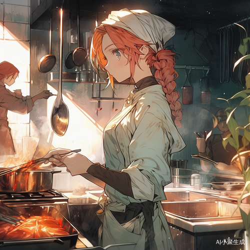 红发女厨师烹调鱼的特写镜头