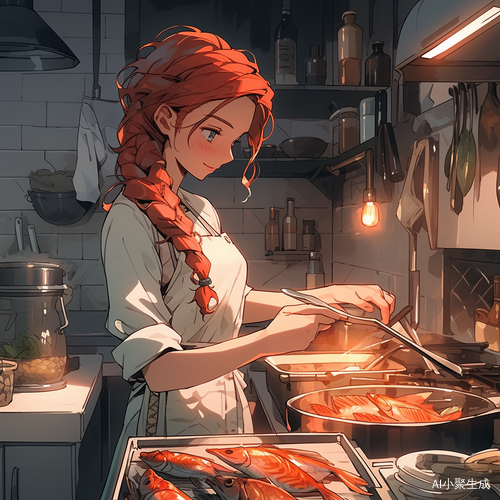 红发女厨师Blender鱼厨房特写高瘦清晰面部