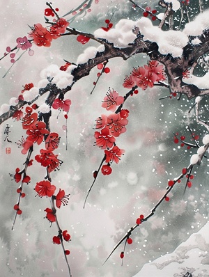 梅花，雪景，中国水墨画