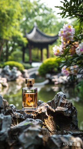 Luxurious Perfume Bottle with Golden Flowers in Suzhou Garden