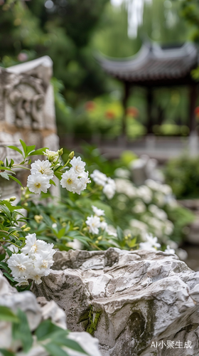 Luxurious White Flowers on Suzhou Garden Rockery