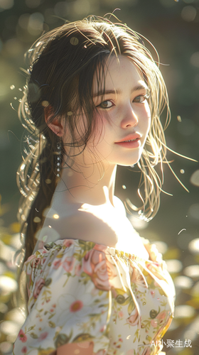 Cheerful Woman in Floral Dress: High-Quality CG Portrait