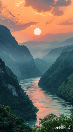 山峦夕阳黄河奔流