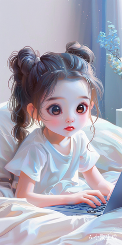可爱小女孩在床上打字电脑
