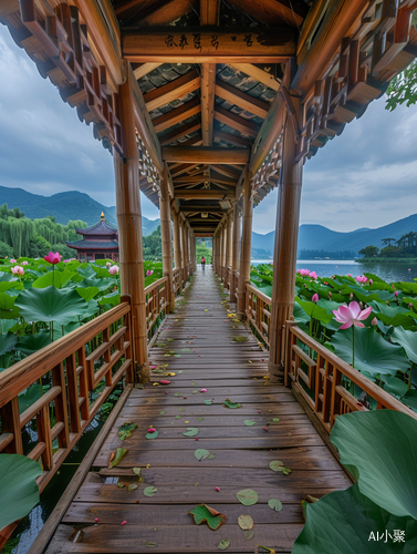 清凉夏日的广阔荷花湖景