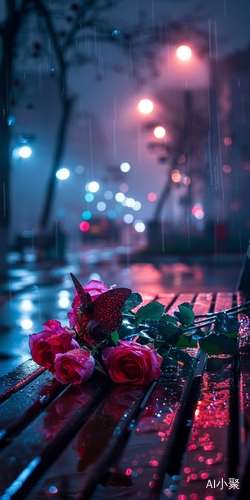 Rain-soaked urban night photography with pink roses