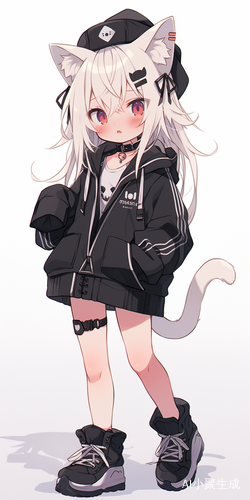 少女白发猫耳水手服黑裙长袜黑鞋异瞳异色