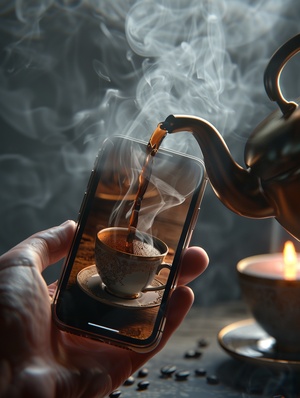 magnificent realistic representation of an iPhone has ahmed taha printed on it one hand hold the cellphone and the other hand pours a coffee into the cup though the screen with a beautiful teapot, the coffee is hot and steaming 3D rendering , Photorealistic,64k ar 9:16