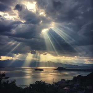 In the evening, there is some light shining through clouds in the sky above Japan's slowly rising sea level near Oovereovei port on Shikoku Island, which illuminates part of Lake connected to ocean and mountains. The photo was taken with an iPhone camera using flash. It shows dramatic clouds with sunbeams piercing them. In front you can see small buildings at right side of frame. On background far away are visible islands of Nikon D850 DSLR style raw ar 7:8 v 6.0 s 50 style raw