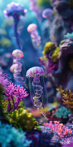 Enchanting Underwater Miniature Scene with Jellyfish