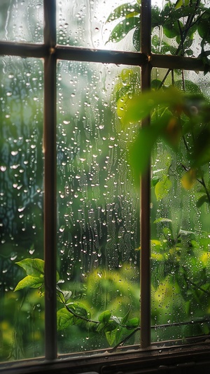 绵绵细雨、清晨的雾气、雨滴跳跃、湿漉漉的大地、雨丝飘扬、闪电与雷鸣、阴霾的天空、雨帘垂挂、雨水滋润着万物、雨后清新的空气、湿润花朵的芳香、雨水滴在窗户上、雨中行走的行人、倾盆大雨、雨水敲在屋顶上、流淌的小溪、雨水洒在树叶上、童年时光的雨天玩耍、雨伞在街上穿梭、远处的彩虹、雨中静谧的美景、雨水落在河面上、雨声敲打窗户，窗户间有一尊菩萨陶瓷像