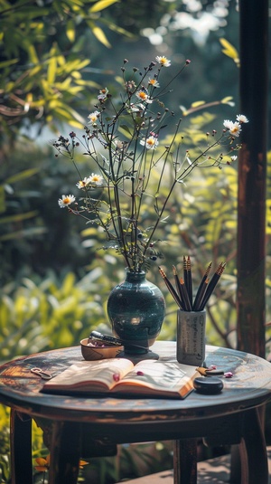 禅意花卉装饰书桌风景