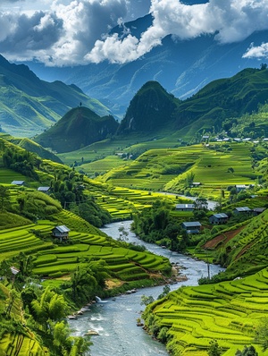 Under the sunshine, the green layers of this valley appear extremely magnificent and beautiful.Against the blue sky and white clouds, the whole valley looks like a beautiful pastoral picture, the river flows slowly, like a melodious movement, describing the purity and harmony of nature. The houses along the river bank are quietly nestled in this fertile land, as if they are the guardians of this world. Watch over this peaceful paradise 8k