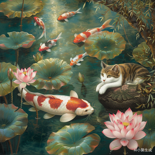 Three-flowered cat by lotus pond with koi fish