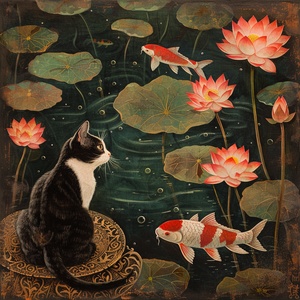 A three-flowered cat.By the pond full of lotus flowers.Enjoy koi fish in the pond.