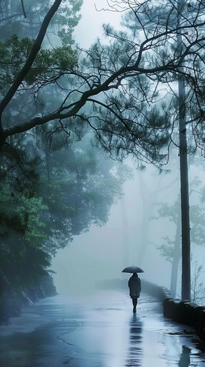 烟雨朦胧，细雨如丝，轻轻地洒落在大地上，带来了一种宁静谧而神秘的美。雨雾交织在一起，将远处的景物模糊化，仿佛置身于一幅水墨画中。在这样的场景中，人们往往会感受到一种宁静与诗意。