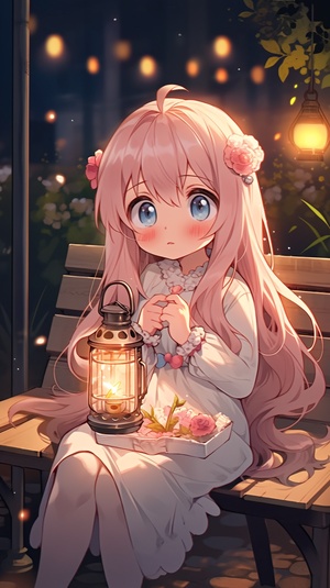 A cute girl with long hair sitting on a bench, wearing pajamas and holding an oil lamp in her hand. She has big eyes, pink lips, delicate facial features, rosy cheeks, flowers around her head, light colored , a white dress shirt, gray pants, wooden garden furniture in the background, warm lights hanging from above, sitting next to candles. In the style of Pixar, in the style of Chinese animation.