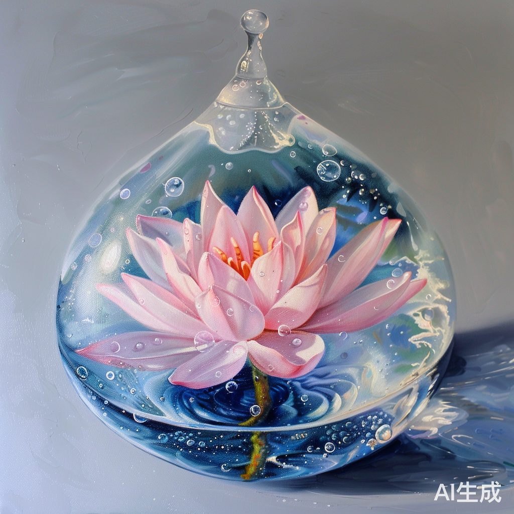 晶莹水珠中的粉荷花