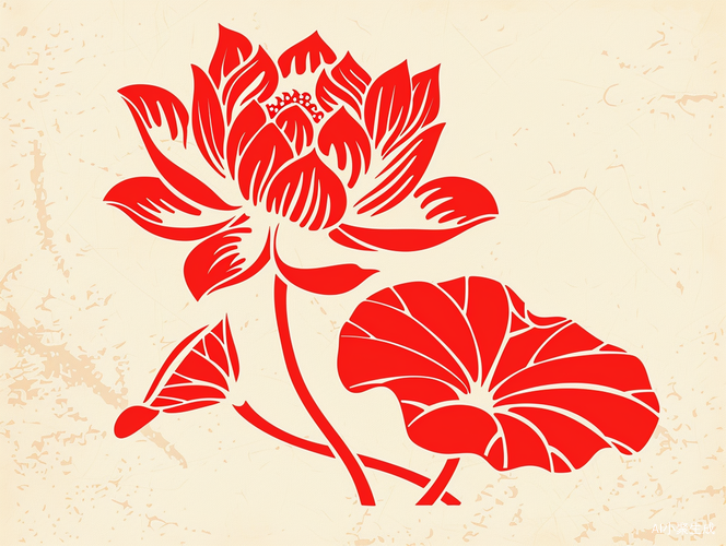 中国荷花剪纸红色矢量图示