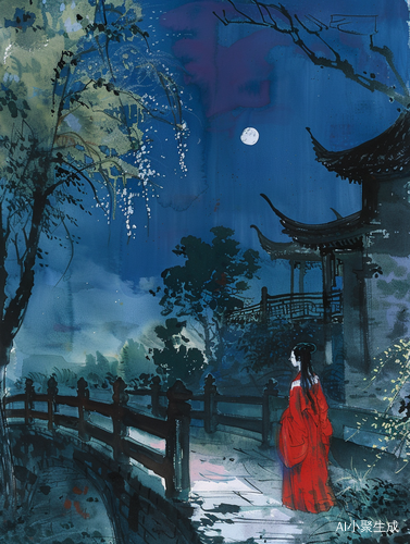 夜晚桥上的红衣女孩