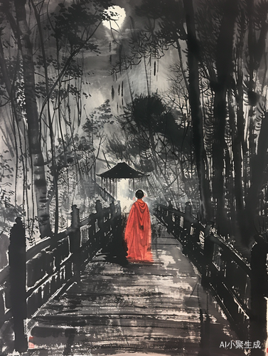 夜晚桥上的红衣女孩