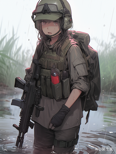 女孩穿湿透军装在泥浆中行进