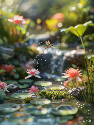 Peaceful Harmony: Lotus, Dragonfly, and Small Pool