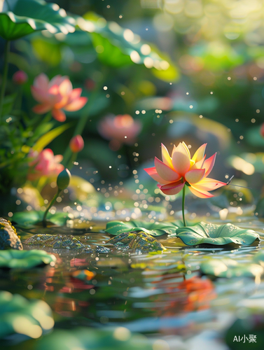 Peaceful Harmony: Lotus, Dragonfly, and Small Pool