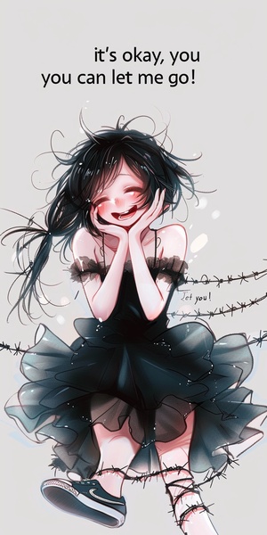 A cute girl with her hair tied up in a messy ball head, wearing a black dress, smiling and sitting cross-legged on the ground with the words "It's okay, you can let me go! You!". The background of the illustration should be white. In the style of Japanese manga. She had barbed wire tied around her neck and legs. Her expression looked happy, but she was laughing, tears streaming down her eyes and mouth. Full body shot. She was wearing a sneaker. It's a cartoon style.