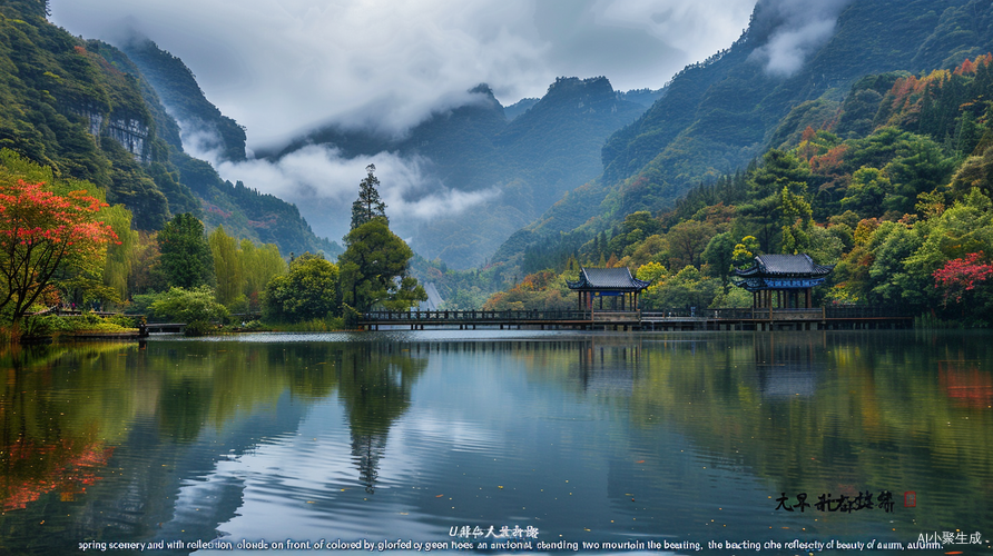 Serene Autumn Landscape: Mountains, Water, and Colorful Foliage