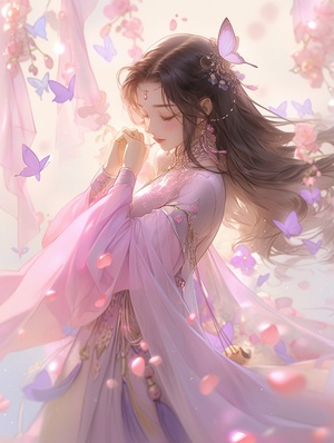 A Chinese girl in purple Hanfu, long hair flowing behind her head like ribbons, holding flowers and butterflies flying around her, surrounded by colorful petals.The background is a soft light color with gentle shadows cast on the ground. In the style of Ruan Jia and Artgerm, with perfect face details, exquisite details, and a romantic atmosphere in pink and purple tones.She has delicate facial features, long black straightshoulder-length hair, hair accessories, and a hair band decoration.A beautiful smile. 