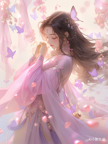 Romantic Chinese Girl in Purple Hanfu with Flowers and Butterflies