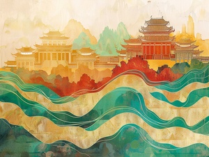 This is a traditional Chinese Dunhuang mural artwork featuring ancient palaces and mountain temples against an abstract background of golden sunlight and green waves. The colour palette includes red, gold, green and yellow. The artwork is painted in a watercolour style with delicate brushstrokes. This artwork captures the rich cultural heritage of China while seamlessly integrating it into modern design elements. ar 4:3 v 6.0